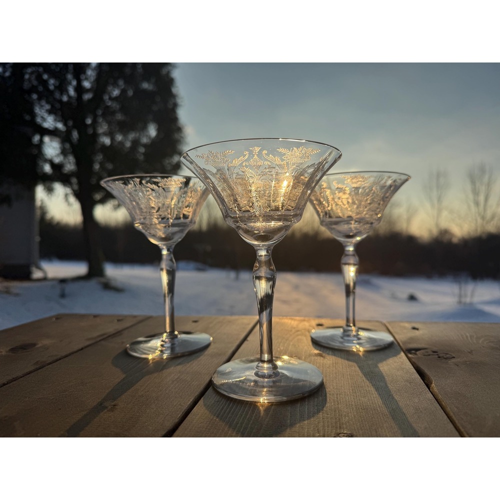 Mid Century Morgantown Milan 7668 Etched Champagne Glasses Tall Sherbet Set of 3